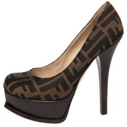 Pre Owned Fendi Tobacco Zucca Canvas Fendista Platform Pumps Size 35