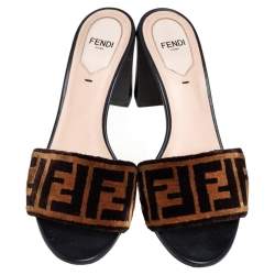 Pre Owned Fendi Brown Zucca Velvet Open Toe Slides Sandals Size 37.5