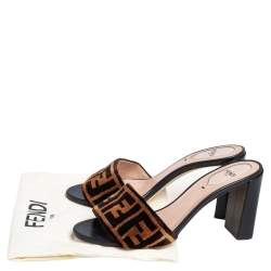Pre Owned Fendi Brown Zucca Velvet Open Toe Slides Sandals Size 37.5