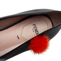 Pre Owned Fendi Black Leather And Fur Pom Pom Ballerina Flats Size 41