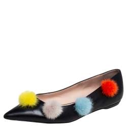 Pre Owned Fendi Black Leather And Fur Pom Pom Ballerina Flats Size 41