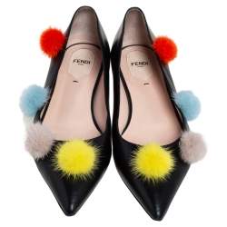 Pre Owned Fendi Black Leather And Fur Pom Pom Ballerina Flats Size 41