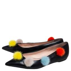 Pre Owned Fendi Black Leather And Fur Pom Pom Ballerina Flats Size 41