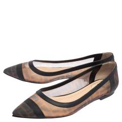 Pre Owned Fendi Black/Brown Zucca Mesh Pointed Toe Ballet Flats Size 37