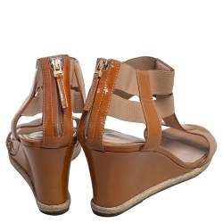 Fendi Beige Patent Leather And Elastic T-Strap Espadrille Wedge Sandals Size 40
