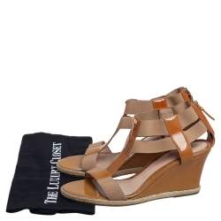 Fendi Beige Patent Leather And Elastic T-Strap Espadrille Wedge Sandals Size 40