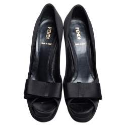 Pre Owned Fendi Black Satin Bow Open Toe Platform Pumps Size 37.5