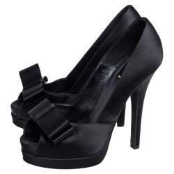 Pre Owned Fendi Black Satin Bow Open Toe Platform Pumps Size 37.5