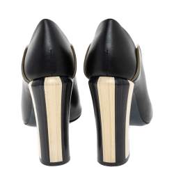 Pre Owned Fendi Black/Olive Green Wave Leather Block Heel Peep Toe Pumps Size 37