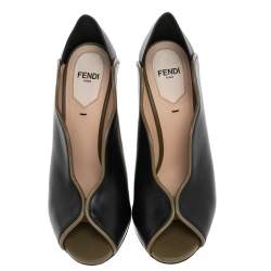 Pre Owned Fendi Black/Olive Green Wave Leather Block Heel Peep Toe Pumps Size 37