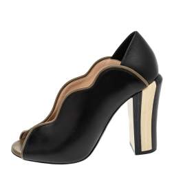 Pre Owned Fendi Black/Olive Green Wave Leather Block Heel Peep Toe Pumps Size 37