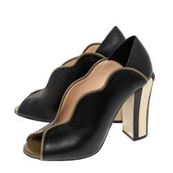 Pre Owned Fendi Black/Olive Green Wave Leather Block Heel Peep Toe Pumps Size 37