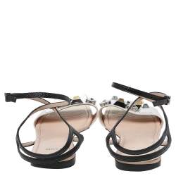 Pre Owned Fendi White/Black Lizard Embossed Leather Studded Ankle Strap Flat Sandals Size 41