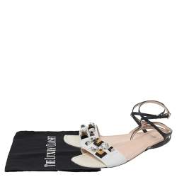 Pre Owned Fendi White/Black Lizard Embossed Leather Studded Ankle Strap Flat Sandals Size 41