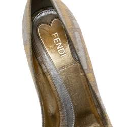 Pre Owned Fendi Gold/Silver FF Brocade Fabric Peep Toe Wedge Pumps Size 38