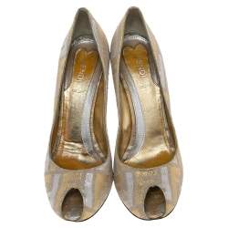 Pre Owned Fendi Gold/Silver FF Brocade Fabric Peep Toe Wedge Pumps Size 38