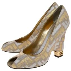 Pre Owned Fendi Gold/Silver FF Brocade Fabric Peep Toe Wedge Pumps Size 38