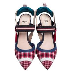 Fendi Multicolor Check Fabric And Nylon Colibri Slingback Sandals Size 38