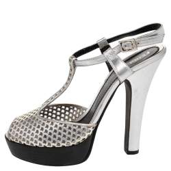 Fendi Metallic Silver Laser-Cut Leather T-Strap Peep Toe Platform Sandals Size 38.5