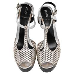 Fendi Metallic Silver Laser-Cut Leather T-Strap Peep Toe Platform Sandals Size 38.5