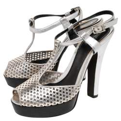 Fendi Metallic Silver Laser-Cut Leather T-Strap Peep Toe Platform Sandals Size 38.5