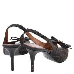 Pre Owned Fendi Brown Zucca Canvas And Leather Bow Peep Toe Slingback Sandals Size 35