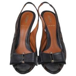 Pre Owned Fendi Brown Zucca Canvas And Leather Bow Peep Toe Slingback Sandals Size 35