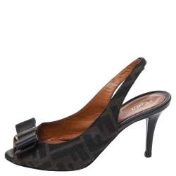 Pre Owned Fendi Brown Zucca Canvas And Leather Bow Peep Toe Slingback Sandals Size 35