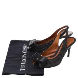 Pre Owned Fendi Brown Zucca Canvas And Leather Bow Peep Toe Slingback Sandals Size 35