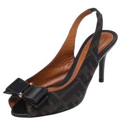 Pre Owned Fendi Brown Zucca Canvas And Leather Bow Peep Toe Slingback Sandals Size 35