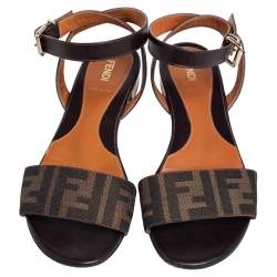 Pre Owned Fendi Tobacco Zucca Canvas and Leather Ankle Strap Flat Sandals Size37