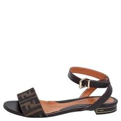 Pre Owned Fendi Tobacco Zucca Canvas and Leather Ankle Strap Flat Sandals Size37