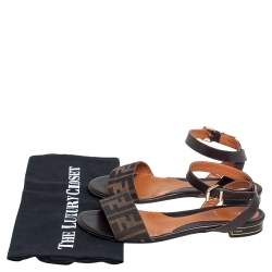 Pre Owned Fendi Tobacco Zucca Canvas and Leather Ankle Strap Flat Sandals Size37