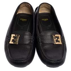 Pre Owned Fendi Black Leather FF Slip On Loafers Size 38.5