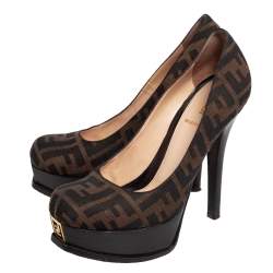Pre Owned Fendi Tobacco Zucca Canvas Fendista Platform Pumps Size 38