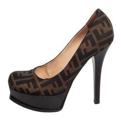 Pre Owned Fendi Tobacco Zucca Canvas Fendista Platform Pumps Size 38