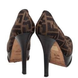 Pre Owned Fendi Tobacco Zucca Canvas Fendista Platform Pumps Size 38