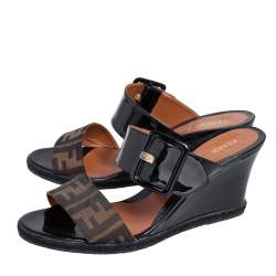 Pre Owned Fendi Black/Tobacco Zucca Canvas and Patent Leather Platform Wedge Sandals Size 41