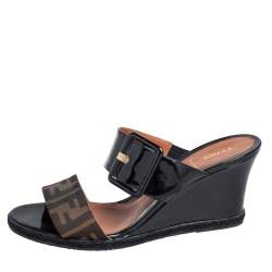 Pre Owned Fendi Black/Tobacco Zucca Canvas and Patent Leather Platform Wedge Sandals Size 41