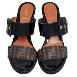 Pre Owned Fendi Black/Tobacco Zucca Canvas and Patent Leather Platform Wedge Sandals Size 41