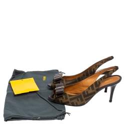 Pre Owned Fendi Tobacco Zucca Canvas and Leather Bow Peep Toe Slingback Sandals Size 39