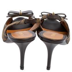 Pre Owned Fendi Tobacco Zucca Canvas and Leather Bow Peep Toe Slingback Sandals Size 39