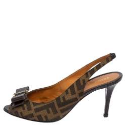 Pre Owned Fendi Tobacco Zucca Canvas and Leather Bow Peep Toe Slingback Sandals Size 39