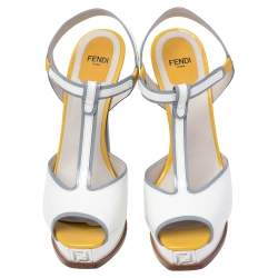Pre Owned Fendi White/Mustard Patent Leather Fendista T Strap Sandals Size 39.5