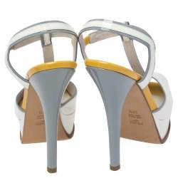 Pre Owned Fendi White/Mustard Patent Leather Fendista T Strap Sandals Size 39.5