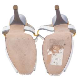 Pre Owned Fendi White/Mustard Patent Leather Fendista T Strap Sandals Size 39.5