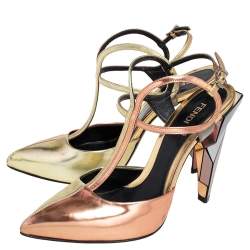 Pre Owned Fendi Two Tone Metallic Leather T Strap Sandals Size 38