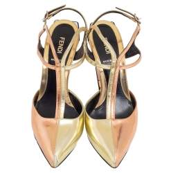 Pre Owned Fendi Two Tone Metallic Leather T Strap Sandals Size 38