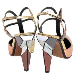 Pre Owned Fendi Two Tone Metallic Leather T Strap Sandals Size 38