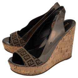 Pre Owned Fendi Metallic/Brown Zucchino Canvas and Patent Leather Cork Wedge Sandals Size 39